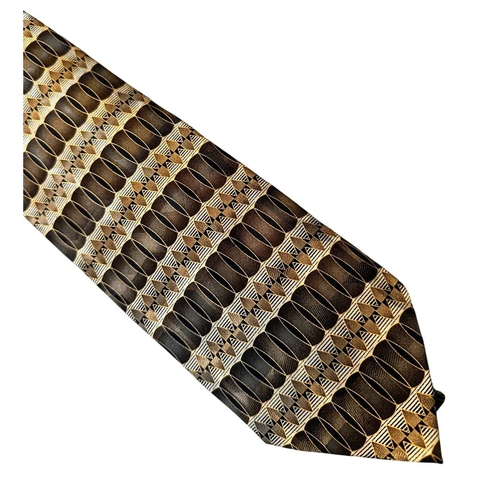 Di Maggio Tie Mens Brown Bronze Gold‎ Geometric Silk Hand Made Necktie 4in Wide